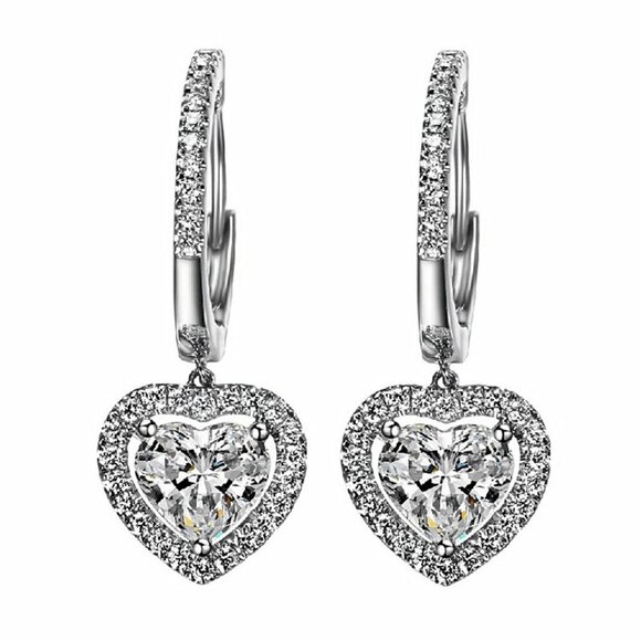 925 Silver Plated Trendy Heart Cut CZ Drop Earrings, FB16FA1073 - Picture 1 of 3